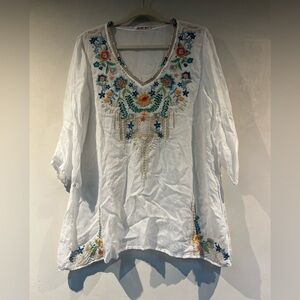 Johnny Was Embroidered White Tunic Top